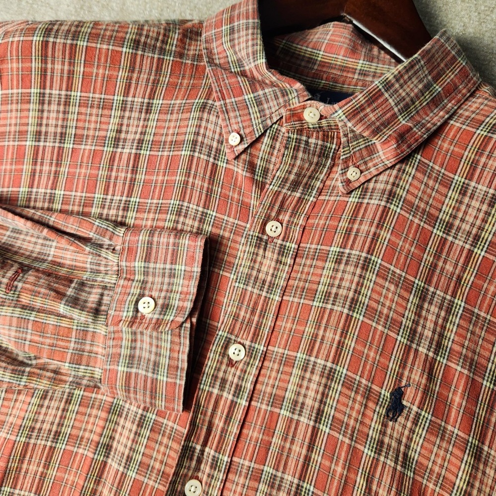 Ralph Lauren Button Down Shirt Mens XXL Red Orange Plaid Cotton Long Sleeve